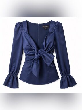 Intermix‎ Satin Bow Blouse Coquette Balletcore Quiet Luxury Navy Puff Sleeve XS